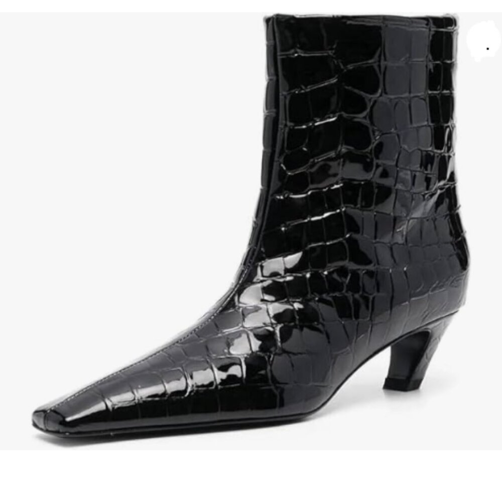 FSJ Women Square Toe  Kitten Low Heel Ankle Boot Pull On Bootie Winter Black